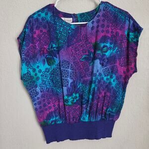 Vintage Anthony Sicari Blouse Womens S / M 80s Dolman Purple Teal Made in USA